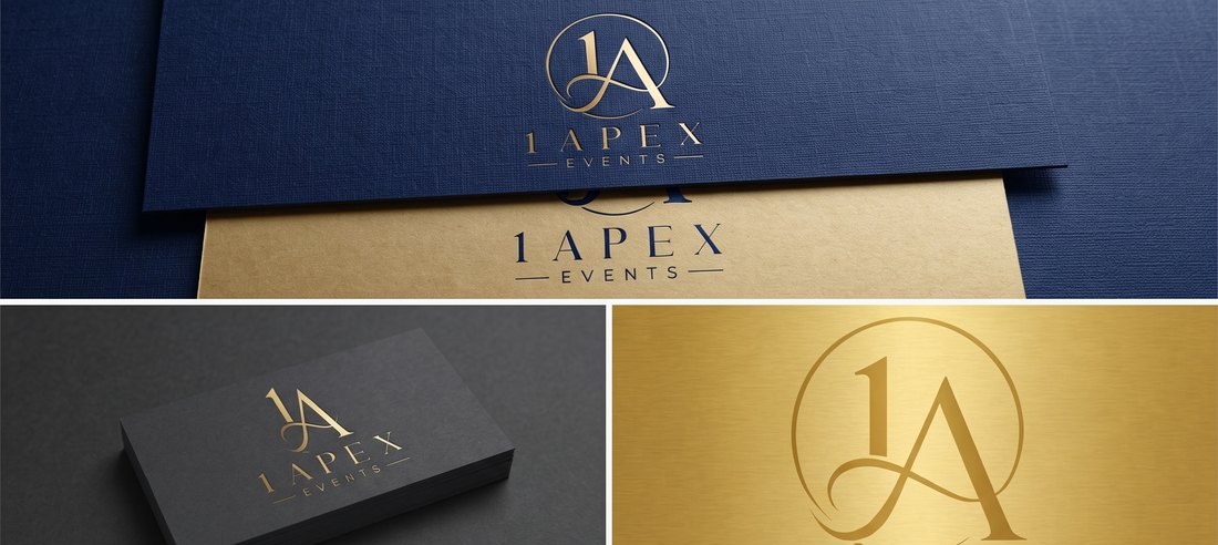 1ApexEvents brand stationery — a navy presentation folder, a gold card and a black business card