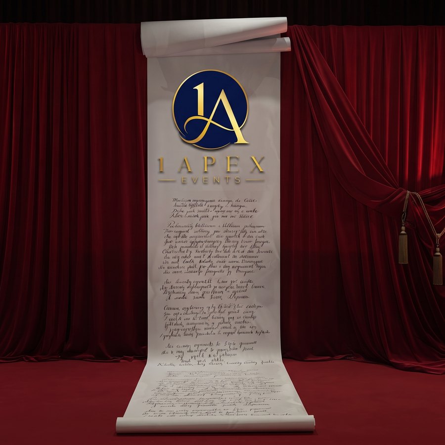 A white ceremonial scroll displayed against a red velvet drape
