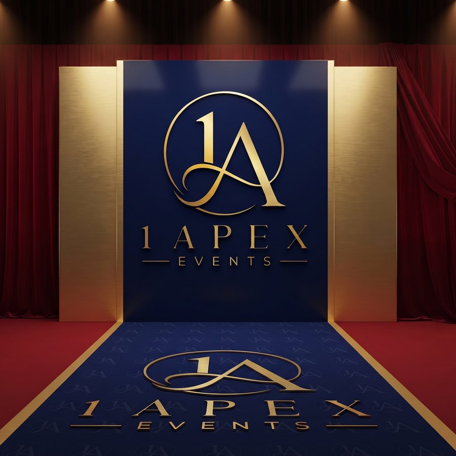 A navy and gold red-carpet entrance with illuminated panels